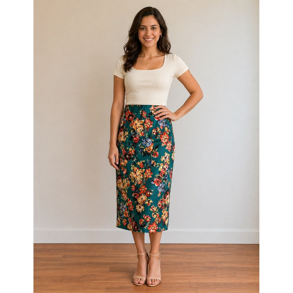 NWT Catherine Malandrino Teal Satin Floral Midi Skirt Green Column Large